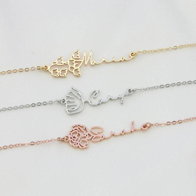 Birth Flower Name Necklace - Personalized Birth Month Flower Necklace, Custom Birth Flower Pendant by Cushy Pups - Cushy Pups
