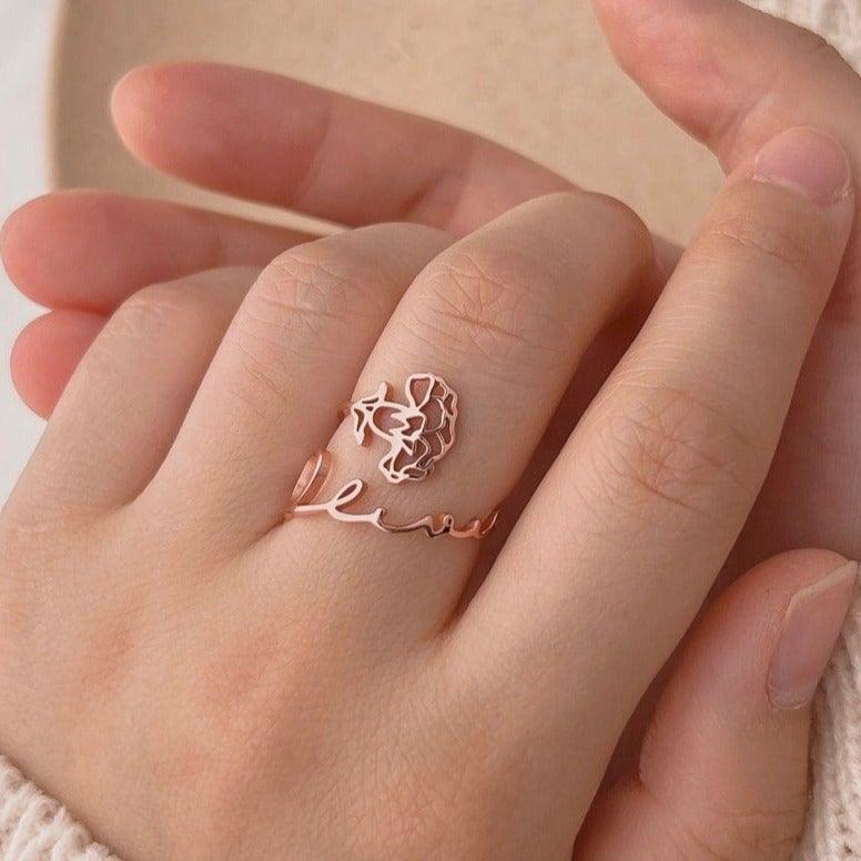 Birth Flower Ring with Name- Personalized Ring with January Birth Flower - Korean Birth Flower Jewelry - Cushy Pups