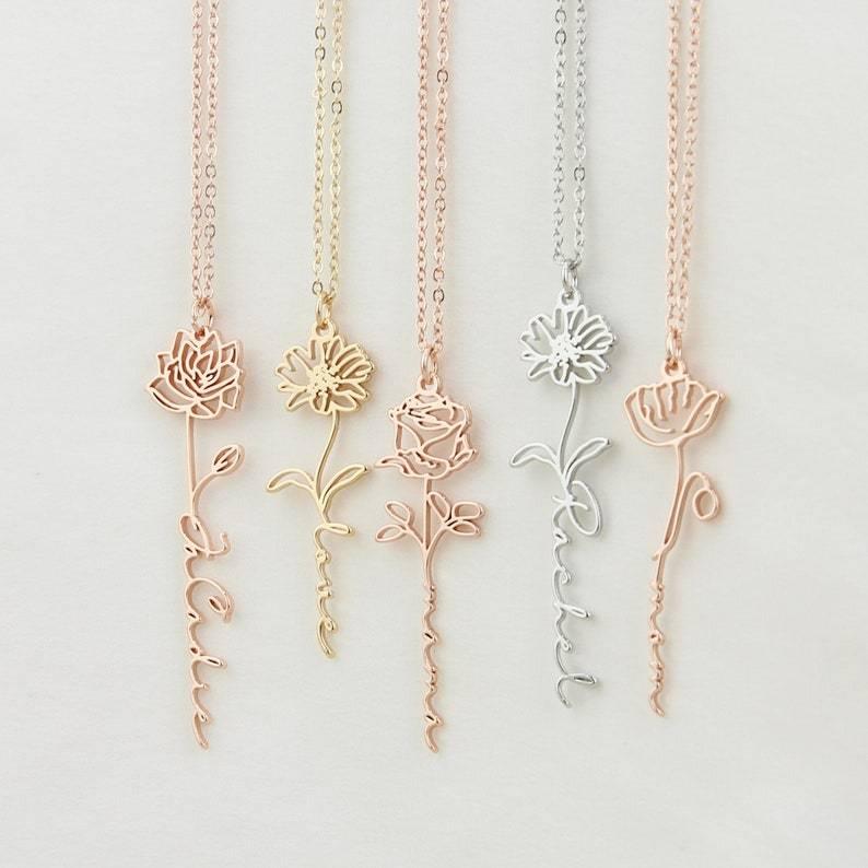 Birth Month Flowers Necklace - Personalized Birth Flower Necklace, Month Flower Jewelry by Cushy Pups - Cushy Pups