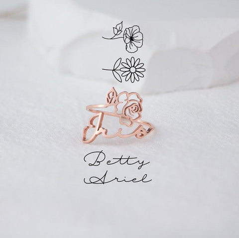 Birth Flower Ring with Name- Personalized Ring with January Birth Flower - Korean Birth Flower Jewelry - Cushy Pups