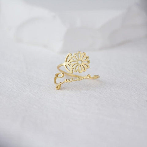 Birth Flower Ring with Name- Personalized Ring with January Birth Flower - Korean Birth Flower Jewelry - Cushy Pups