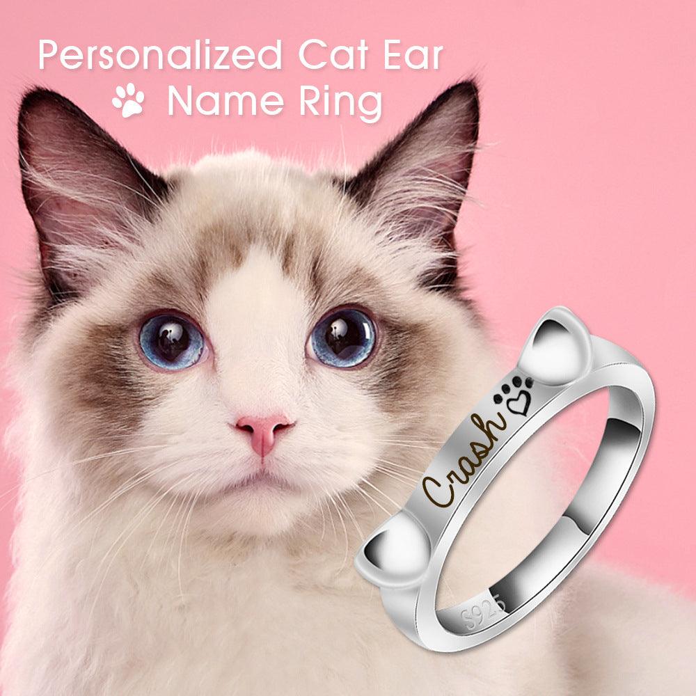 Custom Name Cat Ears Ring, Cat Ears Ring, Custom Name Ring, Engraved Cat Ring, Custom Cat Jewelry - Cushy Pups