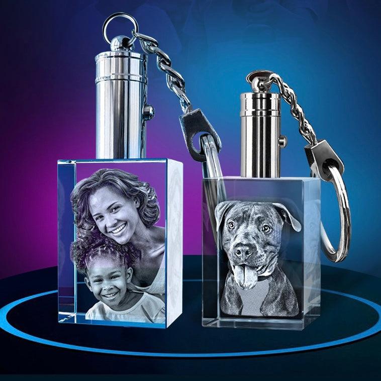 Engraved Crystal Keychain, Photo Glass Keyring, 3D Crystal Photo Keychain - Cushy Pups