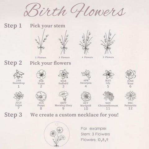 February Birth Flower Necklace - October Birth Flower Necklace - May Birth Flower Necklace - April Birth Flower Necklace - Personalized Birth Flower Jewelry - Cushy Pups